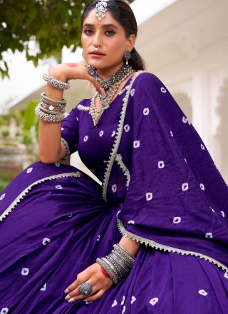 Purple Chanderi Bandhej, Lace and Print Work Readymade Lehenga Choli