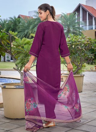 Purple Chanderi Embroidered and Print Work Pant Style Suit