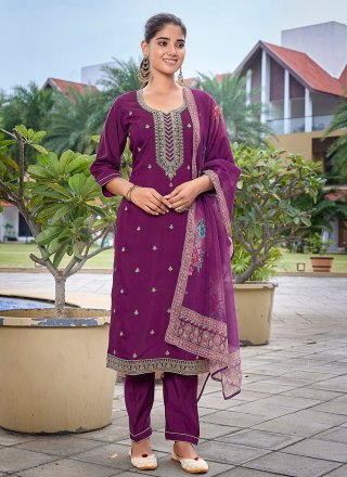 Purple Chanderi Embroidered and Print Work Pant Style Suit