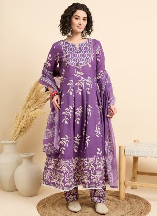 Purple Chanderi Print Work Salwar Suit for Ceremonial