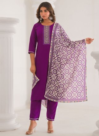 Purple Chanderi Readymade Salwar Suit with Embroidered and Sequins Work for Ceremonial