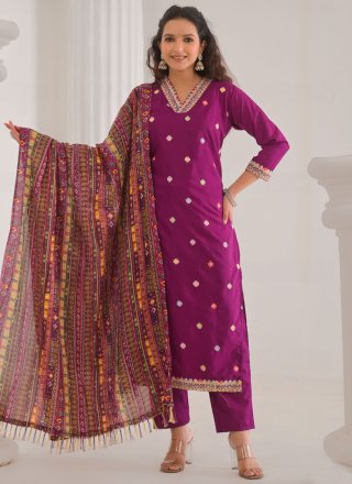 Purple Chanderi Salwar Suit with Embroidered Work for Ceremonial