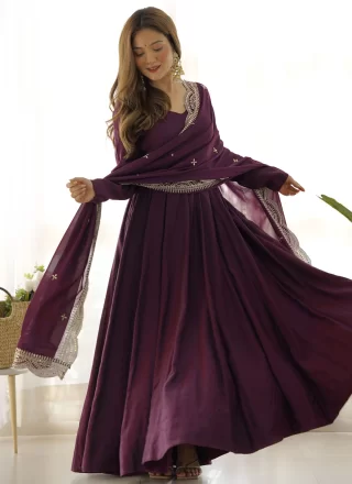 Purple Chanderi Silk Floor Length Salwar Suit In Plain