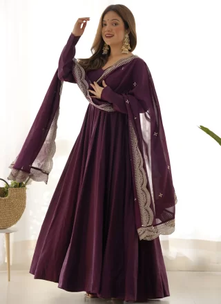 Purple Chanderi Silk Floor Length Salwar Suit In Plain