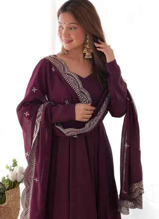 Purple Chanderi Silk Floor Length Salwar Suit In Plain