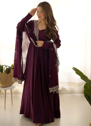 Purple Chanderi Silk Floor Length Salwar Suit In Plain