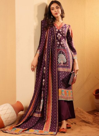 Purple Chanderi Silk Readymade Salwar Suit with Fancy and Print Work