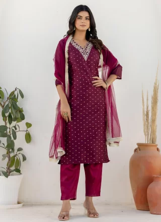 Purple Chanderi Silk Salwar Suit with Embroidered Work