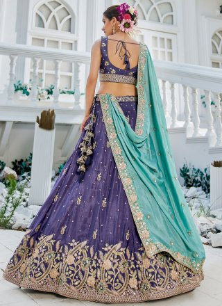 Purple Chiffon A - Line Lehenga Choli with Embroidered, Sequins and Zari Work