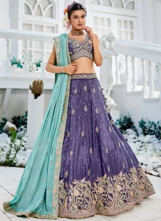 Purple Chiffon A - Line Lehenga Choli with Embroidered, Sequins and Zari Work