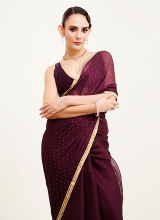 Purple Chiffon Beads and Stone Work Trendy Saree for Women