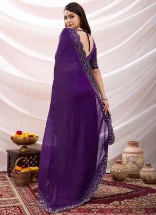 Purple Chiffon Beads, Patch Border, Cut and Stone Work Designer Sari for Party