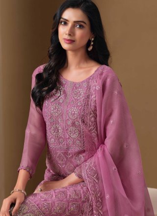 Purple Chiffon Embroidered, Lucknowi Work, Sequins and Stone Work Salwar Suit