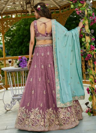 Purple Chiffon Lehenga Choli with Embroidered, Sequins and Zari Work for Ceremonial