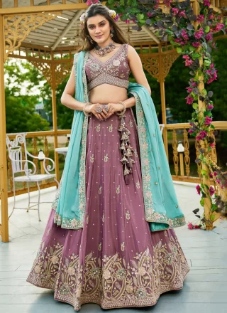 Purple Chiffon Lehenga Choli with Embroidered, Sequins and Zari Work for Ceremonial