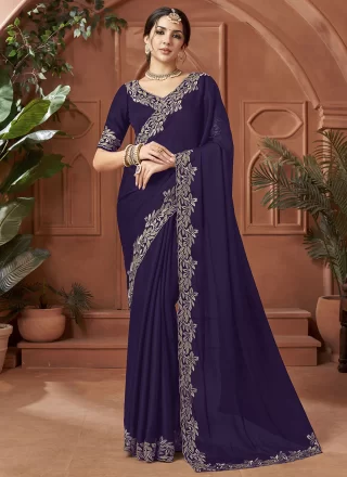 Purple Chiffon Satin Patch Border, Cut, Embroidered and Zari Work Traditional Saree