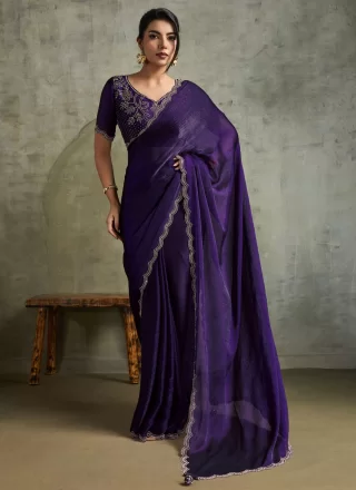 Purple Chiffon Traditional Saree with Embroidered Work