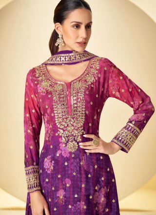 Purple Chinon Digital Print, Embroidered, Sequins and Zari Work Readymade Salwar Suit