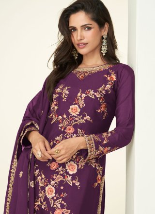 Purple Chinon Embroidered and Floral Patch Work Palazzo Salwar Suit for Ceremonial