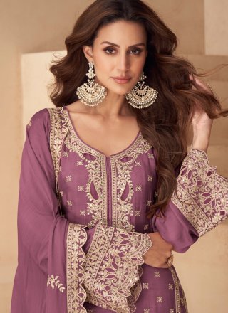 Purple Chinon Embroidered, Mirror and Zari Work Salwar Suit for Ceremonial