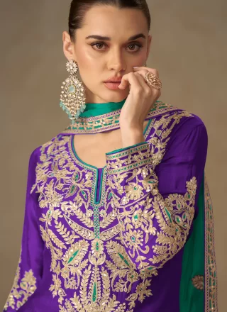 Purple Chinon Embroidered, Mirror, Sequins and Zari Work Salwar Suit