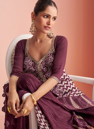 Purple Chinon Embroidered, Print and Zari Work Palazzo Salwar Suit