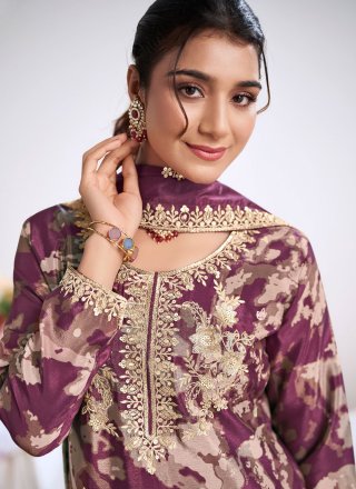 Purple Chinon Embroidered, Print, Sequins and Zari Work Readymade Salwar Suit