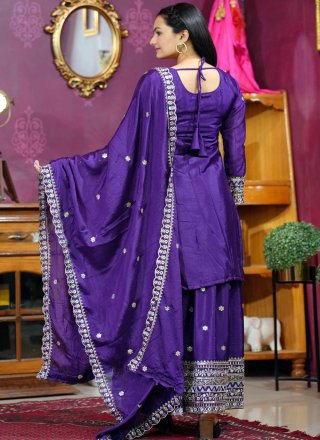 Purple Chinon Embroidered, Sequins and Zari Work Palazzo Salwar Suit