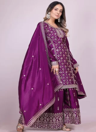 Purple Chinon Embroidered, Sequins and Zari Work Readymade Lehenga Choli