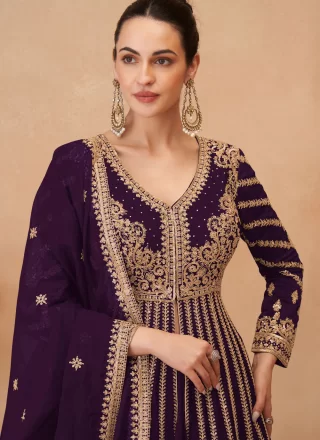 Purple Chinon Embroidered, Sequins and Zari Work Readymade Lehenga Choli for Engagement