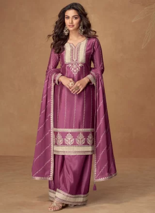 Purple Chinon Embroidered Work Readymade Salwar Suit for Ceremonial