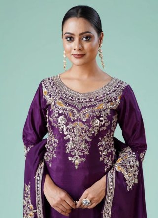 Purple Chinon Embroidered Work Salwar Suit for Ceremonial