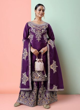 Purple Chinon Embroidered Work Salwar Suit for Ceremonial