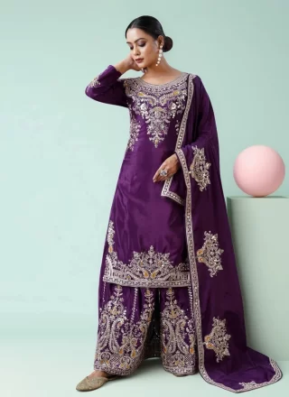 Purple Chinon Embroidered Work Salwar Suit for Ceremonial