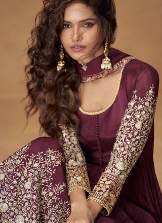 Purple Chinon Gown with Embroidered, Lace, Pearls and Zari Work