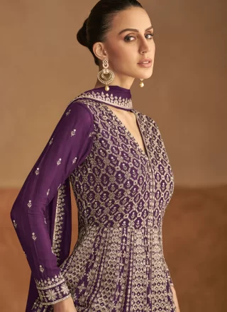 Purple Chinon Gown with Embroidered, Sequins and Zari Work