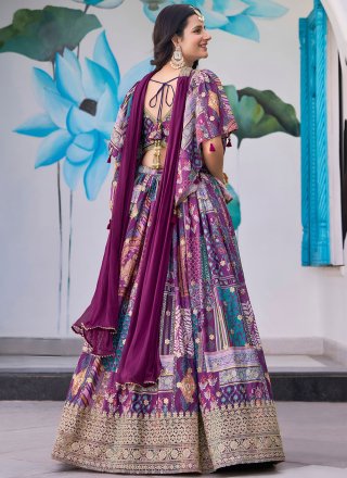 Purple Chinon Lehenga Choli with Digital Print, Dori, Embroidered and Zari Work
