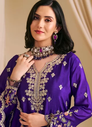 Purple Chinon Palazzo Salwar Suit with Embroidered Work
