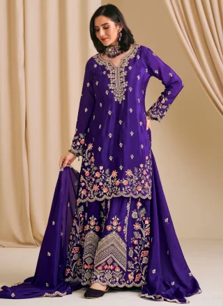 Purple Chinon Palazzo Salwar Suit with Embroidered Work