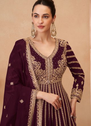 Purple Chinon Readymade Lehenga Choli with Embroidered, Sequins and Zari Work