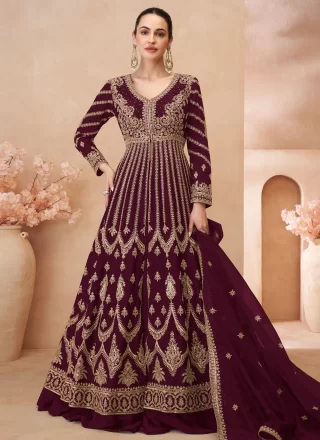 Purple Chinon Readymade Lehenga Choli with Embroidered, Sequins and Zari Work
