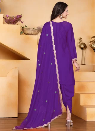 Purple Chinon Readymade Salwar Suit with Cord, Embroidered and Sequins Work