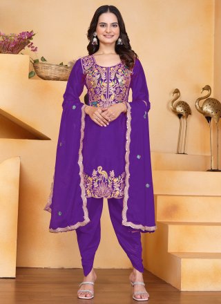 Purple Chinon Readymade Salwar Suit with Cord, Embroidered and Sequins Work