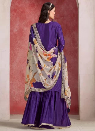 Purple Chinon Readymade Salwar Suit with Embroidered and Thread Work