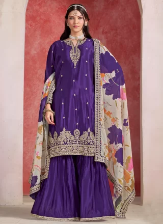Purple Chinon Readymade Salwar Suit with Embroidered and Thread Work