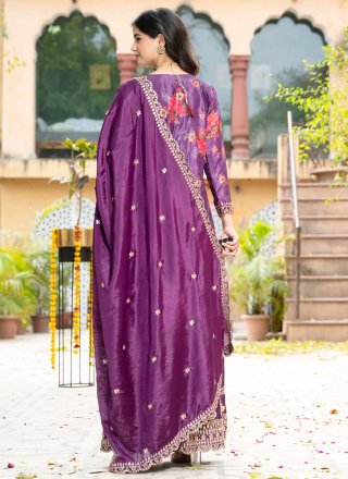 Purple Chinon Salwar Suit with Embroidered, Floral Patch, Sequins and Zari Work