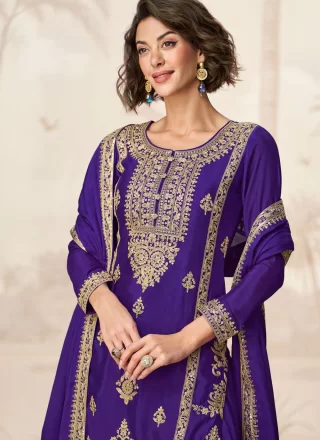 Purple Chinon Salwar Suit with Embroidered, Sequins and Zari Work for Ceremonial