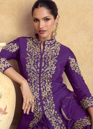 Purple Chinon Salwar Suit with Embroidered, Sequins and Zari Work for Engagement