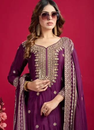Purple Chinon Salwar Suit with Embroidered, Sequins and Zari Work for Festival