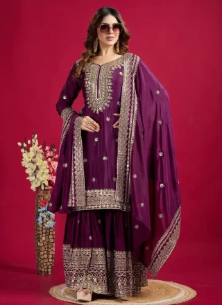 Purple Chinon Salwar Suit with Embroidered, Sequins and Zari Work for Festival